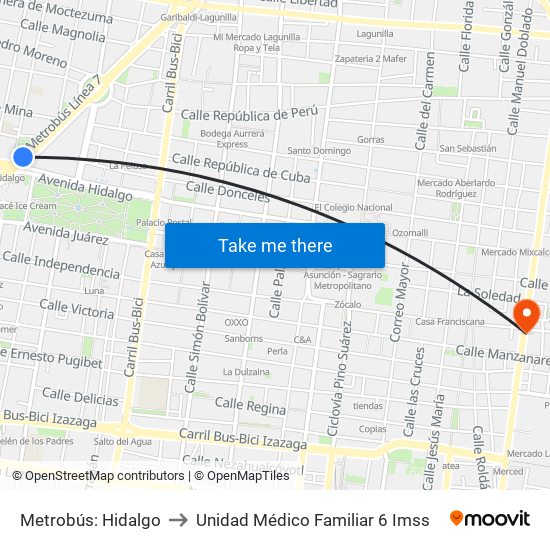 Metrobús: Hidalgo to Unidad Médico Familiar 6 Imss map