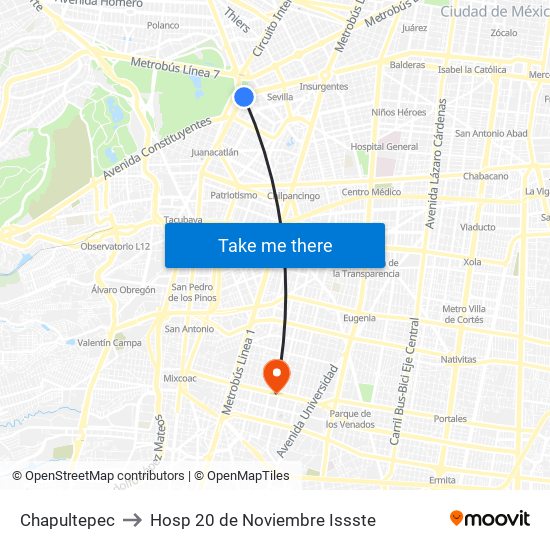 Chapultepec to Hosp 20 de Noviembre Issste map