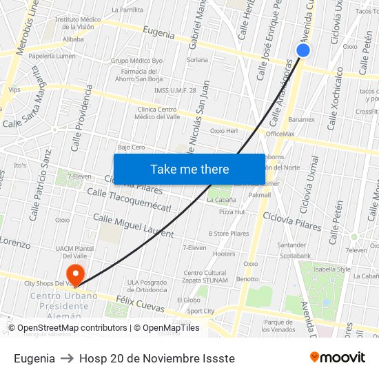 Eugenia to Hosp 20 de Noviembre Issste map