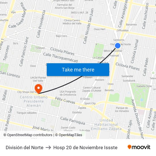 División del Norte to Hosp 20 de Noviembre Issste map