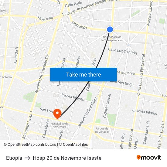 Etiopía to Hosp 20 de Noviembre Issste map