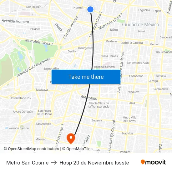 Metro San Cosme to Hosp 20 de Noviembre Issste map