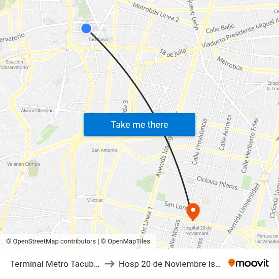 Terminal Metro Tacubaya to Hosp 20 de Noviembre Issste map