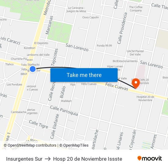 Insurgentes Sur to Hosp 20 de Noviembre Issste map