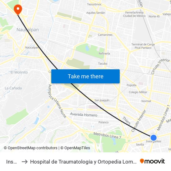 Insurgentes to Hospital de Traumatología y Ortopedia Lomas Verdes Imss (Hospital Trauma Lomas Verdes Imss) map