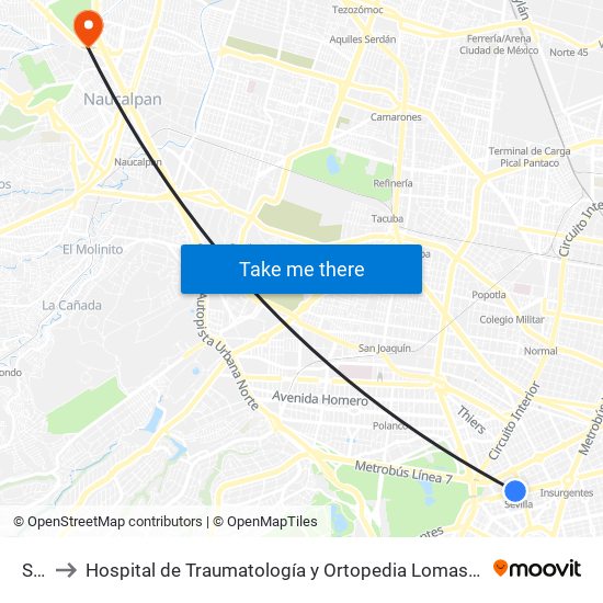 Sevilla to Hospital de Traumatología y Ortopedia Lomas Verdes Imss (Hospital Trauma Lomas Verdes Imss) map