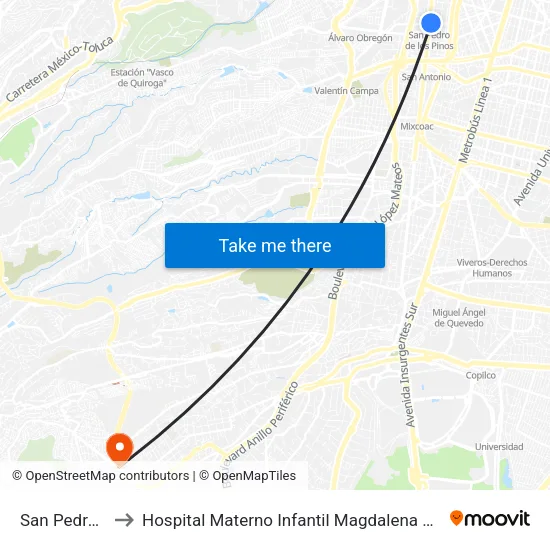 San Pedro de los Pinos to Hospital Materno Infantil Magdalena Contreras (Hospital Magdalena Contreras) map