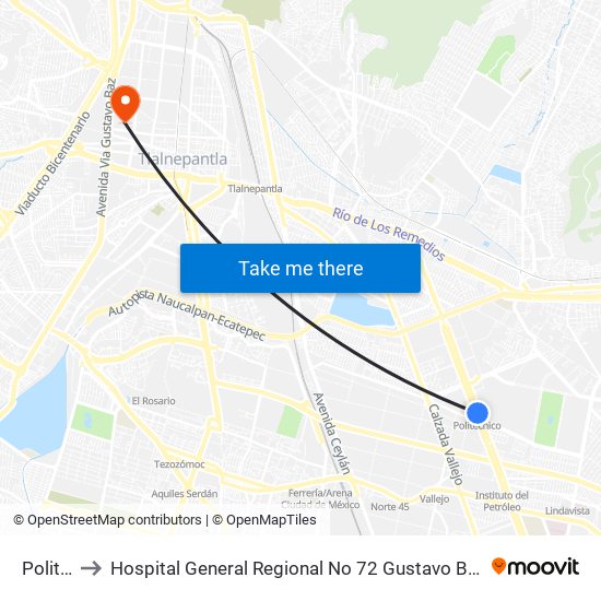 Politécnico to Hospital General Regional No 72 Gustavo Baz Imss (Hospital General Gustavo Baz) map