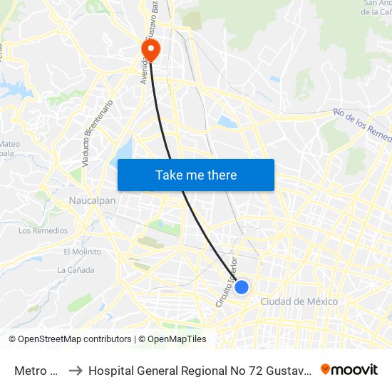 Metro San Cosme to Hospital General Regional No 72 Gustavo Baz Imss (Hospital General Gustavo Baz) map