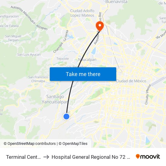 Terminal Centro Comercial Santa Fé to Hospital General Regional No 72 Gustavo Baz Imss (Hospital General Gustavo Baz) map