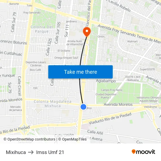 Mixihuca to Imss Umf 21 map