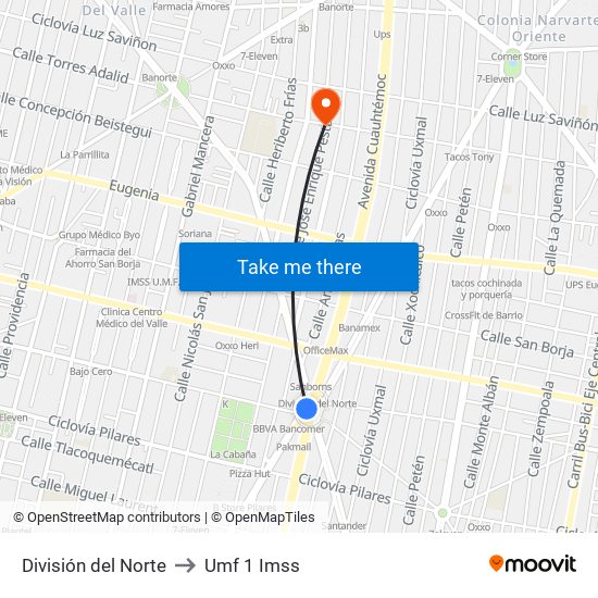 División del Norte to Umf 1 Imss map