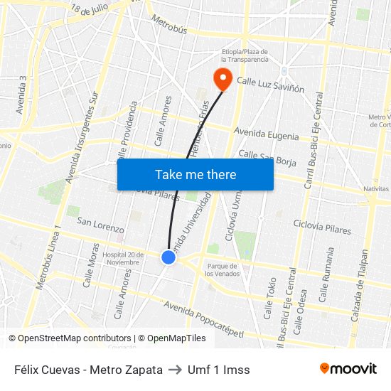 Félix Cuevas - Metro Zapata to Umf 1 Imss map