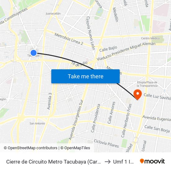 Cierre de Circuito Metro Tacubaya (Cartagena) to Umf 1 Imss map