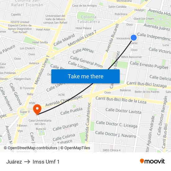 Juárez to Imss Umf 1 map