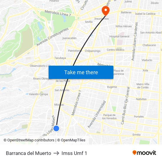 Barranca del Muerto to Imss Umf 1 map