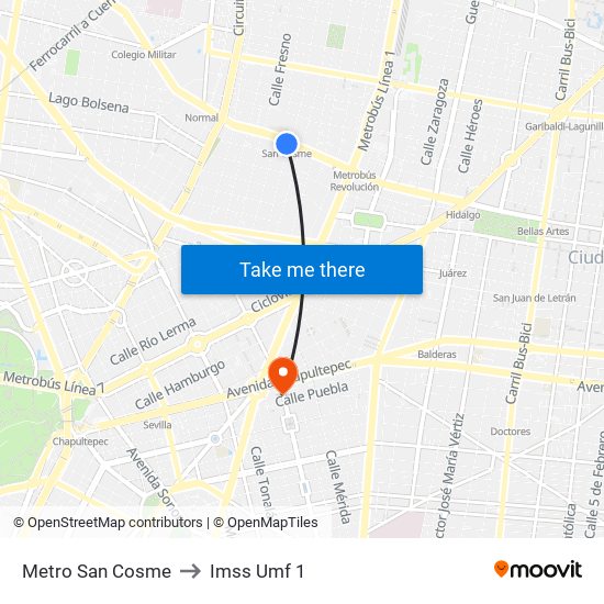 Metro San Cosme to Imss Umf 1 map