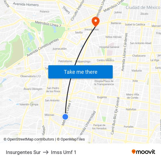 Insurgentes Sur to Imss Umf 1 map