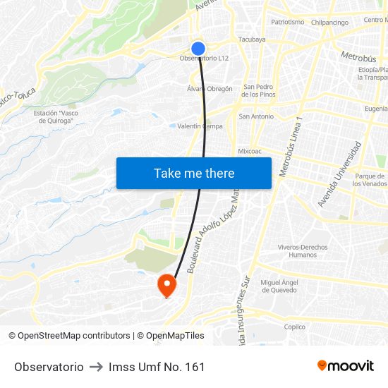 Observatorio to Imss Umf No. 161 map