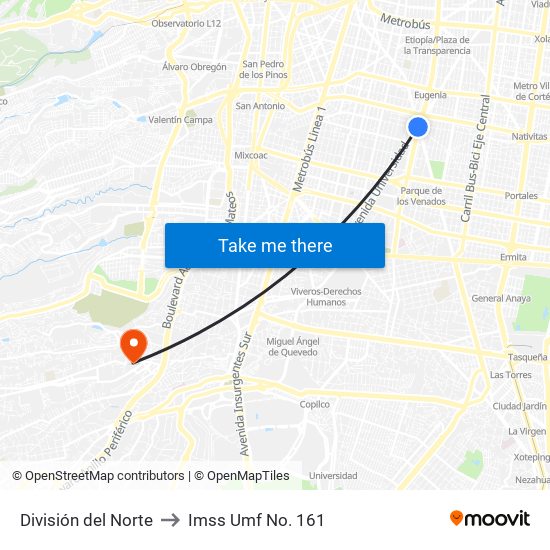 División del Norte to Imss Umf No. 161 map