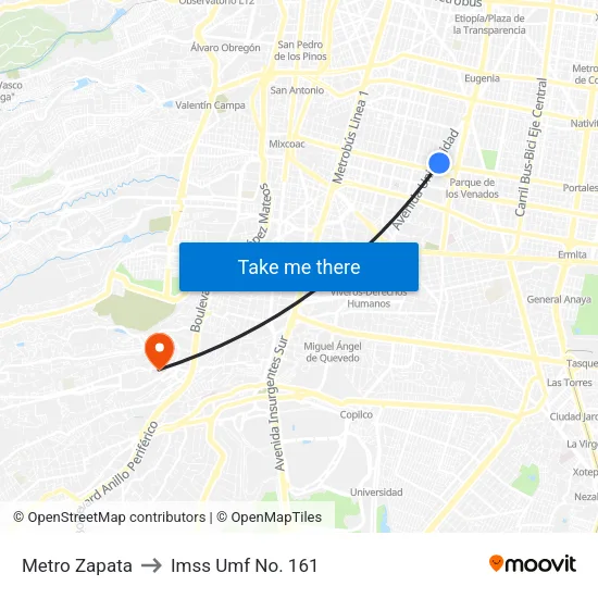 Metro Zapata to Imss Umf No. 161 map