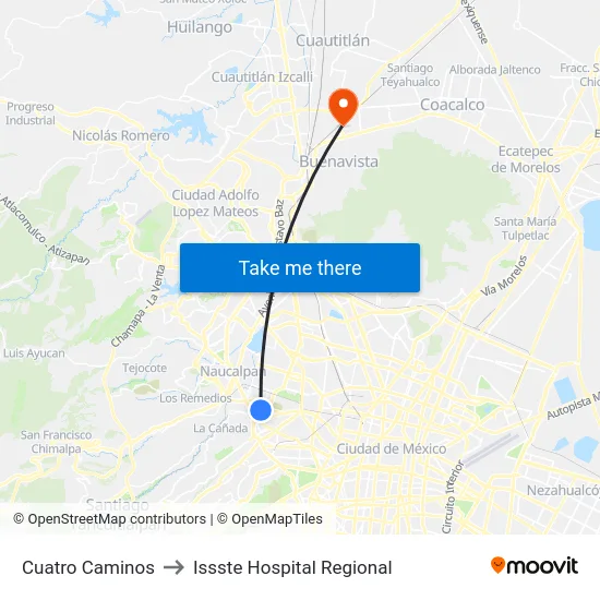 Cuatro Caminos to Issste Hospital Regional map
