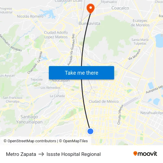 Metro Zapata to Issste Hospital Regional map