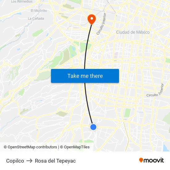 Copilco to Rosa del Tepeyac map