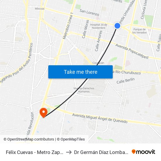 Félix Cuevas - Metro Zapata to Dr Germán Díaz Lombardo map