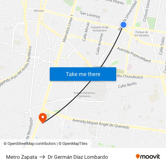 Metro Zapata to Dr Germán Díaz Lombardo map