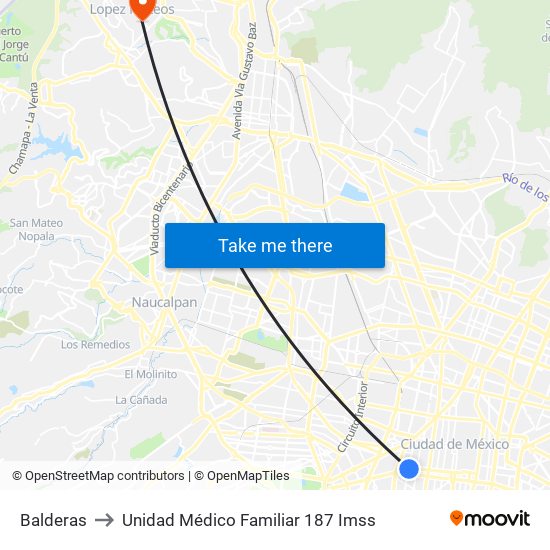 Balderas to Unidad Médico Familiar 187 Imss map