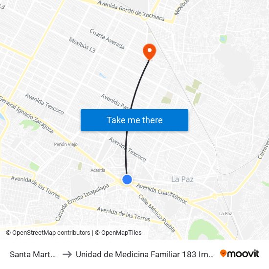 Santa Martha to Unidad de Medicina Familiar 183 Imss map