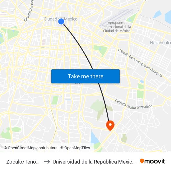 Zócalo/Tenochtitlán to Universidad de la República Mexicana (UNIREM) map