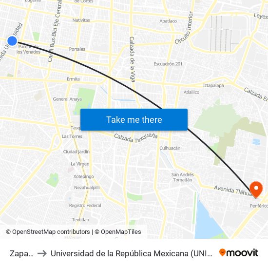 Zapata to Universidad de la República Mexicana (UNIREM) map