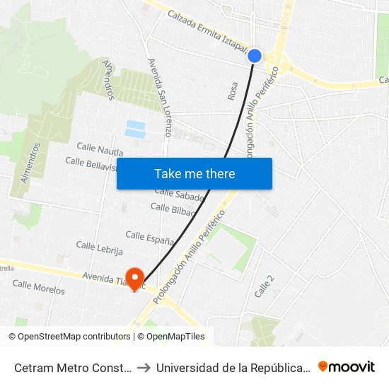 Cetram Metro Constitución de 1917 to Universidad de la República Mexicana (UNIREM) map