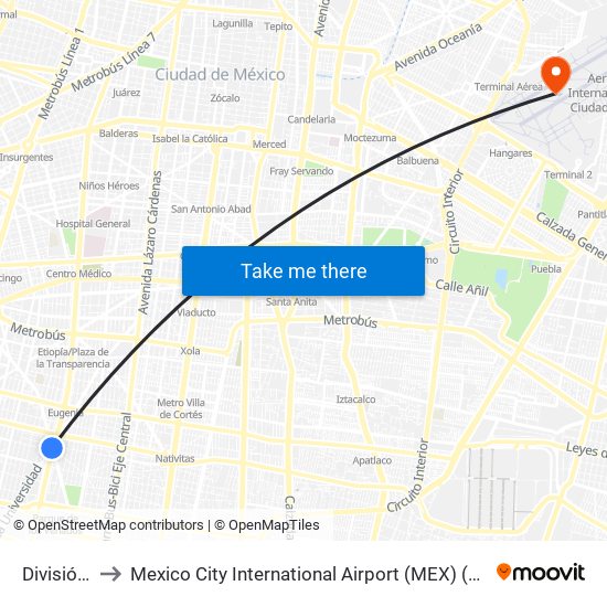 División del Norte to Mexico City International Airport (MEX) (Aeropuerto Internacional de la Ciudad de México) map