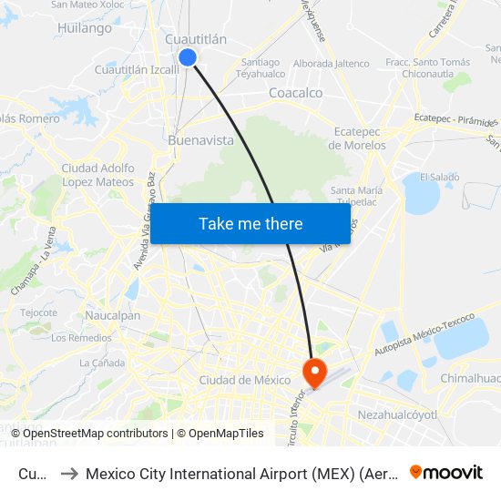 Cuautitlán to Mexico City International Airport (MEX) (Aeropuerto Internacional de la Ciudad de México) map