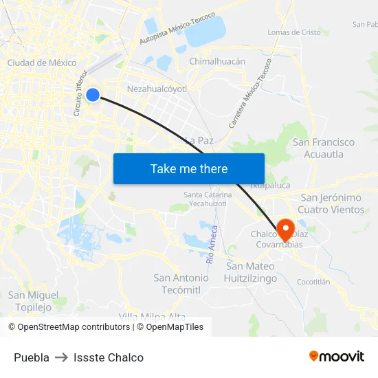Puebla to Issste Chalco map
