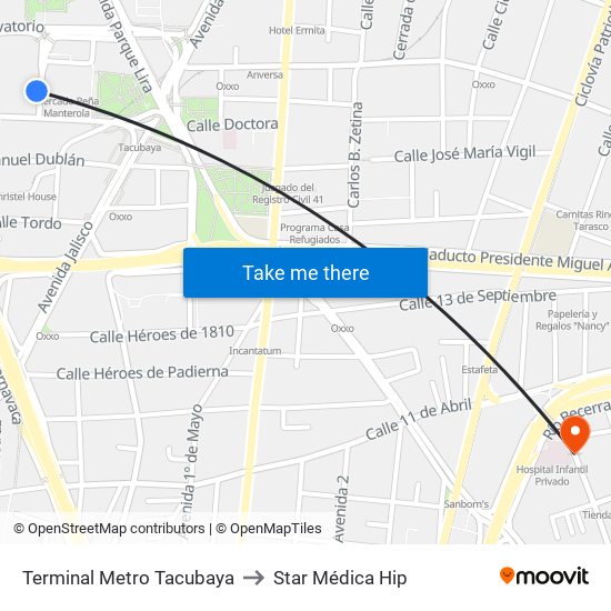 Terminal Metro Tacubaya to Star Médica Hip map