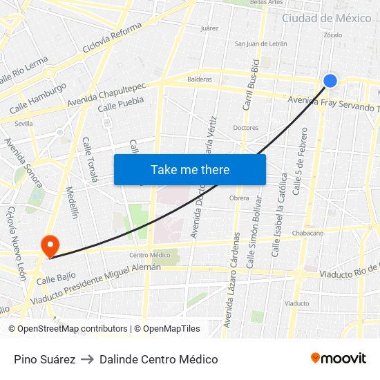 Pino Suárez to Dalinde Centro Médico map