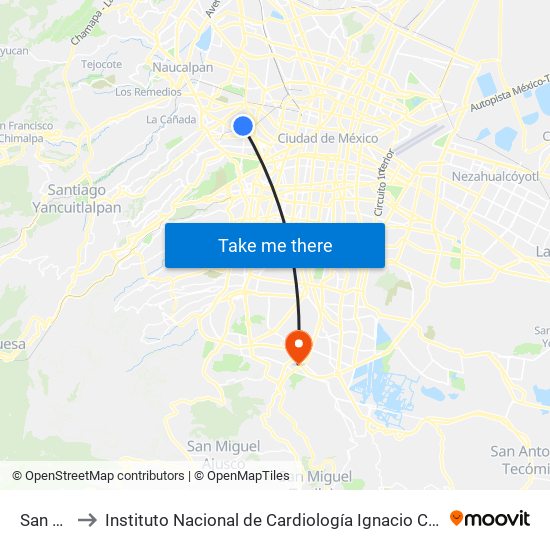 San Joaquín to Instituto Nacional de Cardiología Ignacio Chávez (Instituto de Cardiologia Ignacio) map