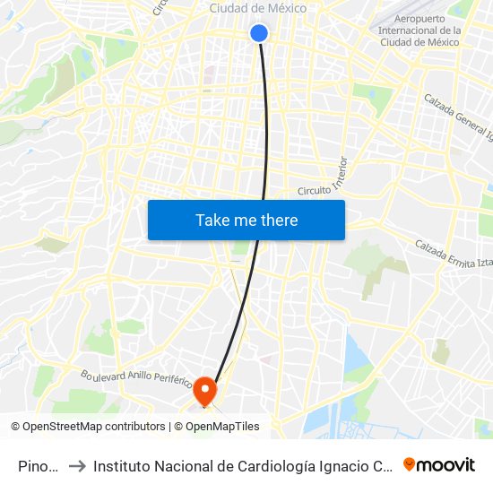 Pino Suárez to Instituto Nacional de Cardiología Ignacio Chávez (Instituto de Cardiologia Ignacio) map