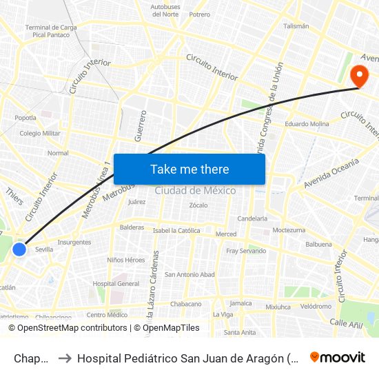 Chapultepec to Hospital Pediátrico San Juan de Aragón (Pedriátrico San Juan de Aragón) map