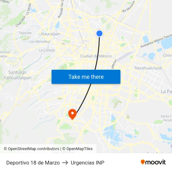 Deportivo 18 de Marzo to Urgencias INP map