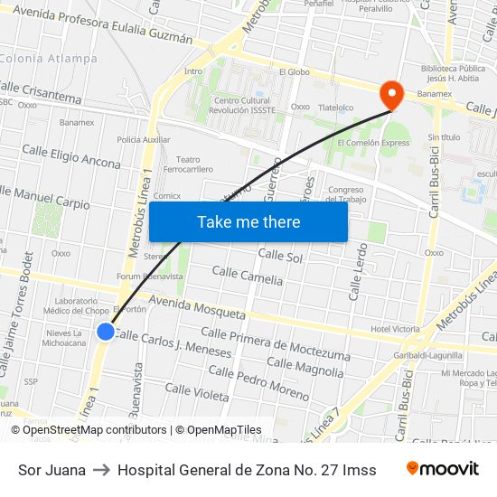 Sor Juana to Hospital General de Zona No. 27 Imss map