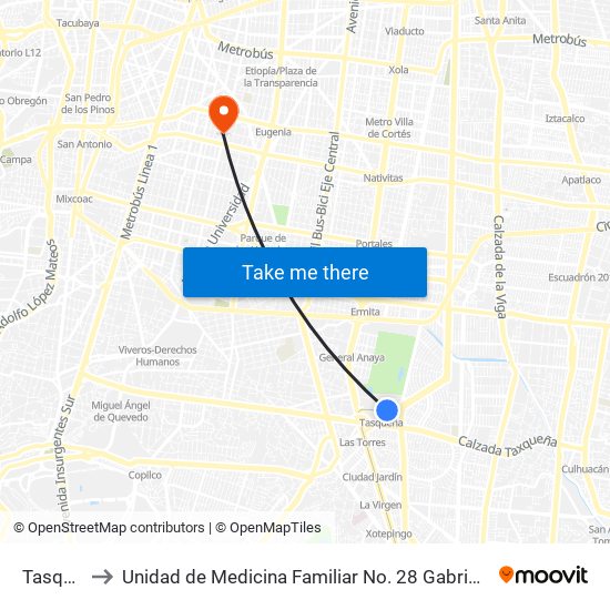 Tasqueña to Unidad de Medicina Familiar No. 28 Gabriel Mancera Imss map