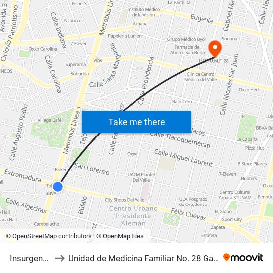 Insurgentes Sur to Unidad de Medicina Familiar No. 28 Gabriel Mancera Imss map