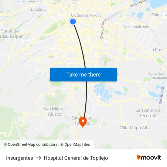Insurgentes to Hospital General de Topilejo map