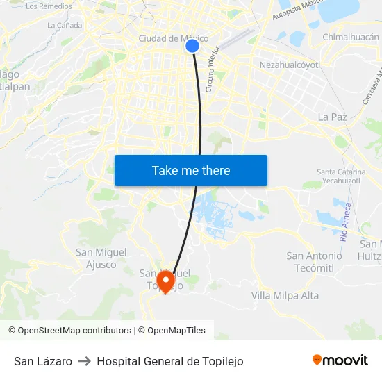 San Lázaro to Hospital General de Topilejo map