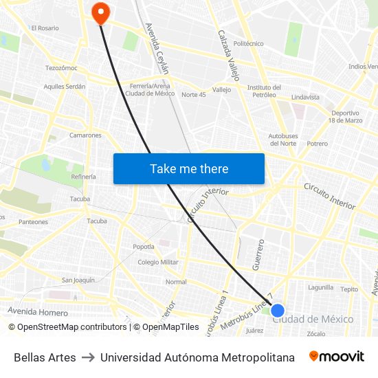 Bellas Artes to Universidad Autónoma Metropolitana map